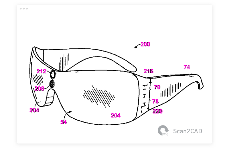 Glasses patent drawing with text converted using OCR