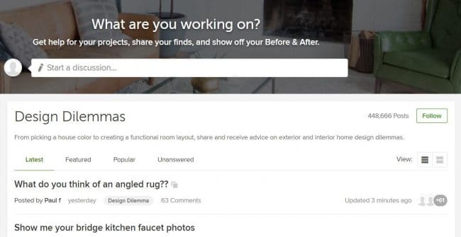 Houzz advice message board section