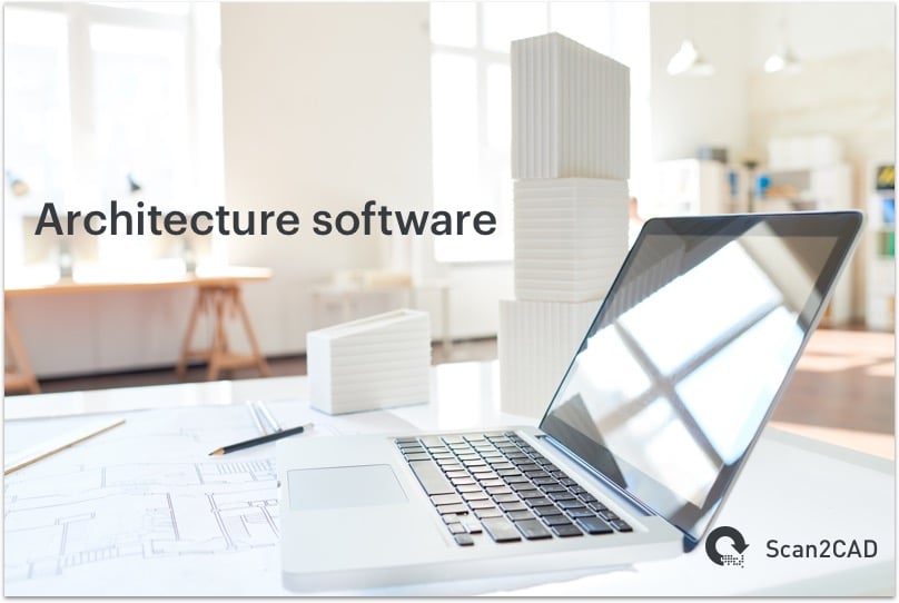 Laptop, paper architect drawing on desk - Architecture Software