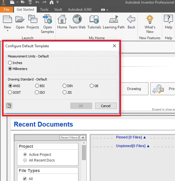 Autodesk Inventor, configuring the default part template