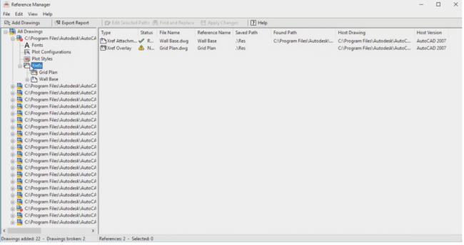 User Interface of the Reference Manager for AutoCAD