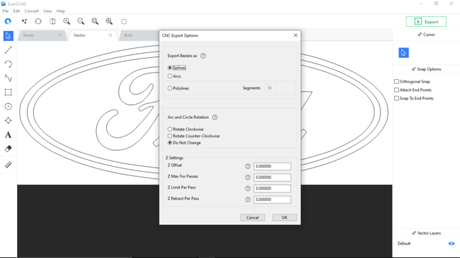Cnc export options window