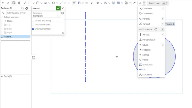 Screenshot showing the tools for applying geometric constraints in CAD software Onshape
