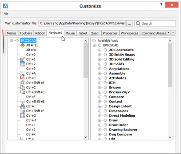 Customize window on bricscad