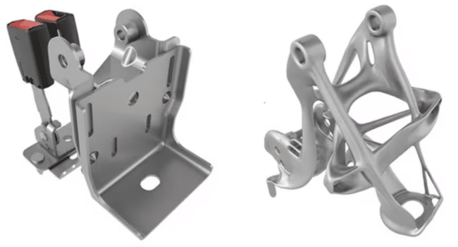 Side by Side Comparison of the Old Design and a new Generative Design of Seat Bracket by General Motors
