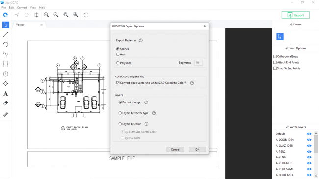 Dxf/dwg export options tab