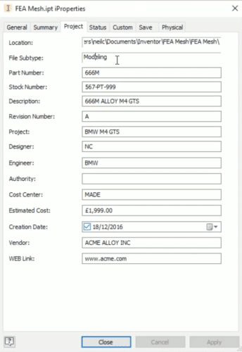 Inventor's iProperties Dialog Box for Embedding Metadata in CAD Files