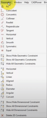 Image of the  Parametric Menu in BricsCAD