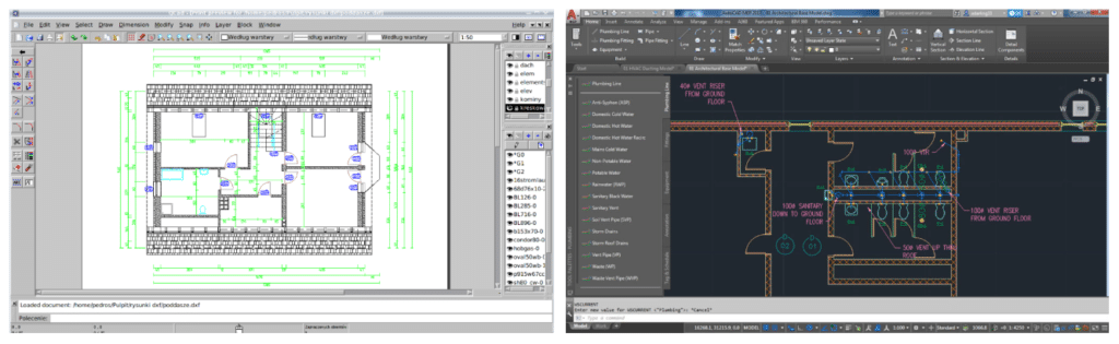 Screenshots of QCAD and AutoCAD