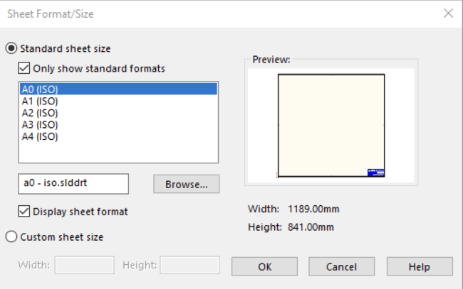 Sheet Format/Size Window on SolidWorks