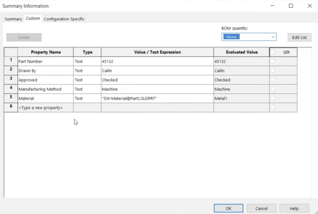 Screenshot of the Summary Information Dialog Box in SolidWorks