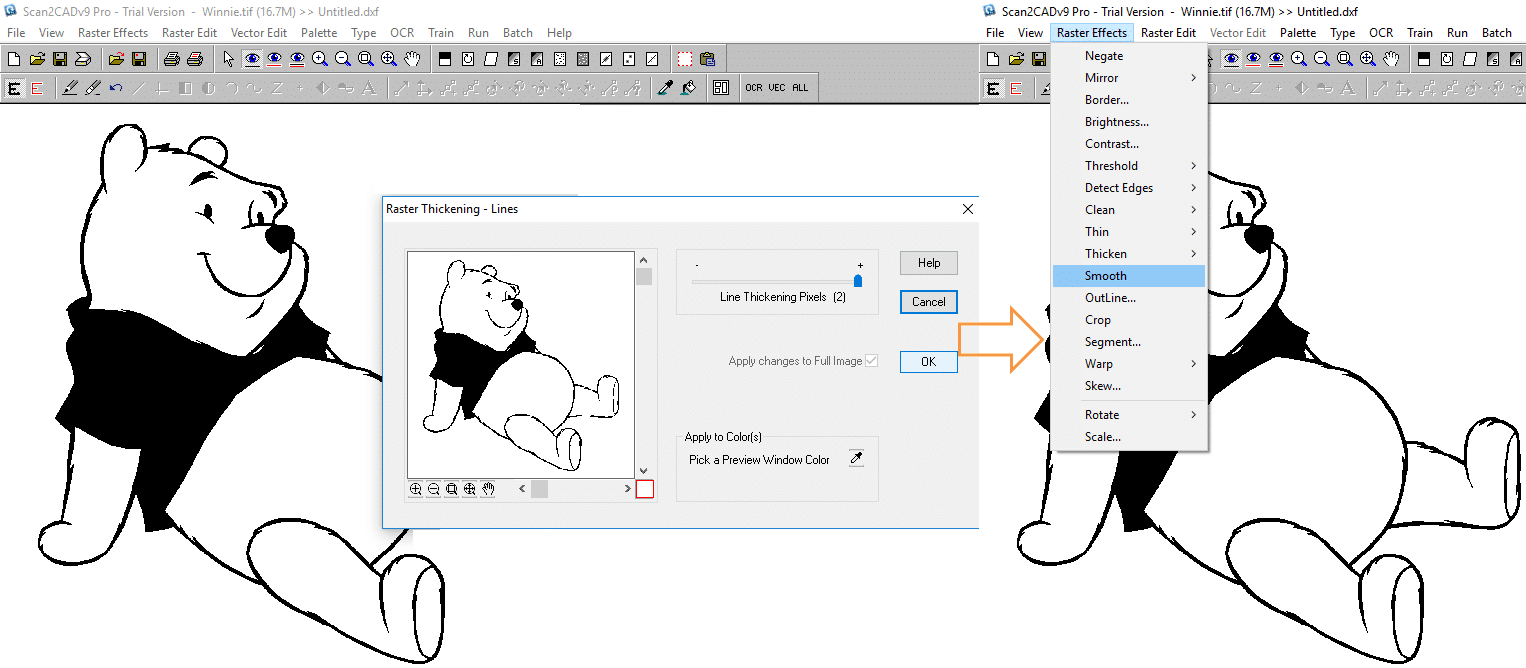 thicken and smooth your raster image in scan2cad