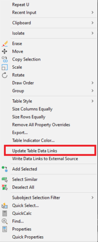 Menu showing Update Table Data Links option in AutoCAD