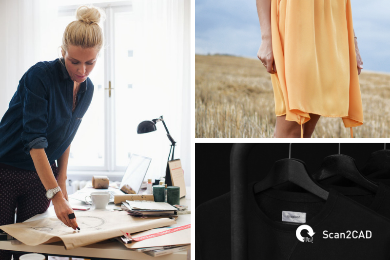 Woman drawing paper pattern, girl in orange dress, black t-shirts on hangers