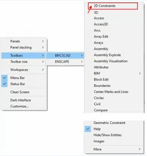 Choosing 2d constraints toolbar