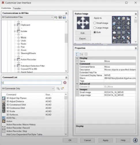 Image of the CUI Editor in AutoCAD for customizing CAD shortcut menus