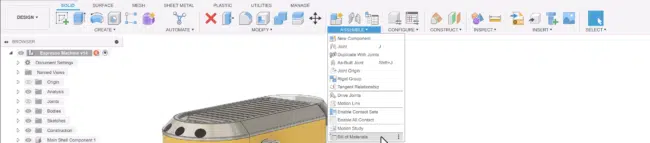 A menu for creating bill of materials from CAD files in Fusion