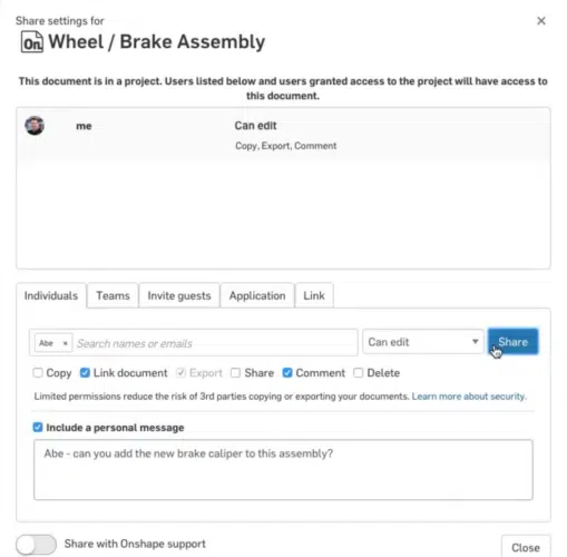 Onshape Access Control and Share Settings Window