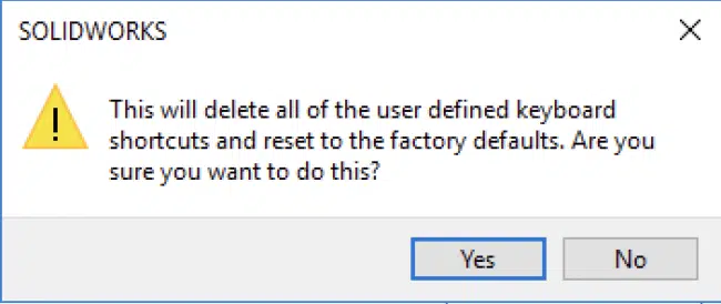 Reset Shortcuts Pop-up Window