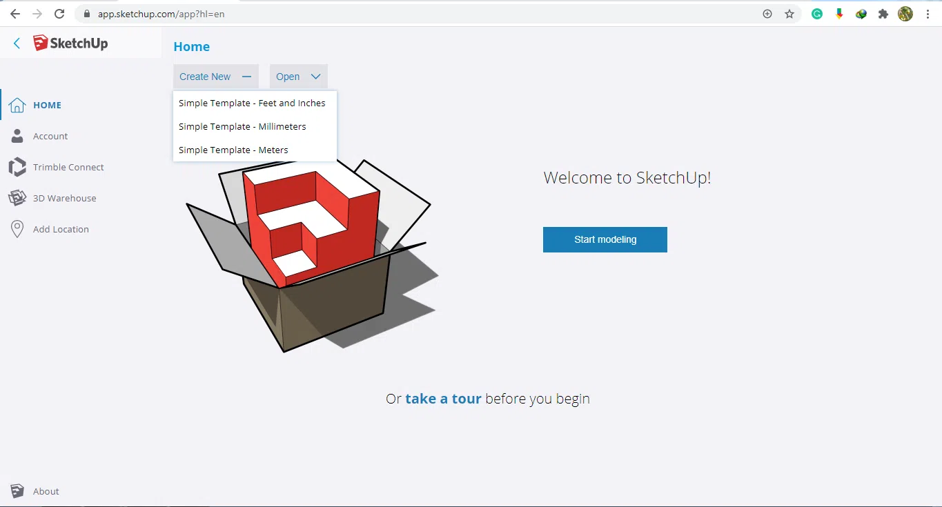 Sketchup online start screen